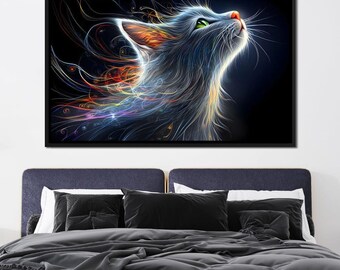 Könnte beinhalten: Gerahmter Kunstdruck einer Katze, die nach oben blickt, im digitalen Kunststil. Die Katze ist überwiegend weiß mit grünen Augen und einer rosa Nase. Bunte, fließende Linien gehen vom Kopf der Katze aus und erzeugen einen dynamischen und ätherischen Effekt.