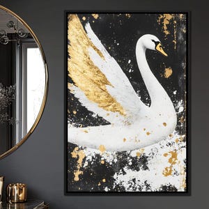 Elegant Graceful Swan Radiance: Black & White Swan Wall Art | Golden Accents | Home Decor | Modern Nature Design by NICHECANVAS