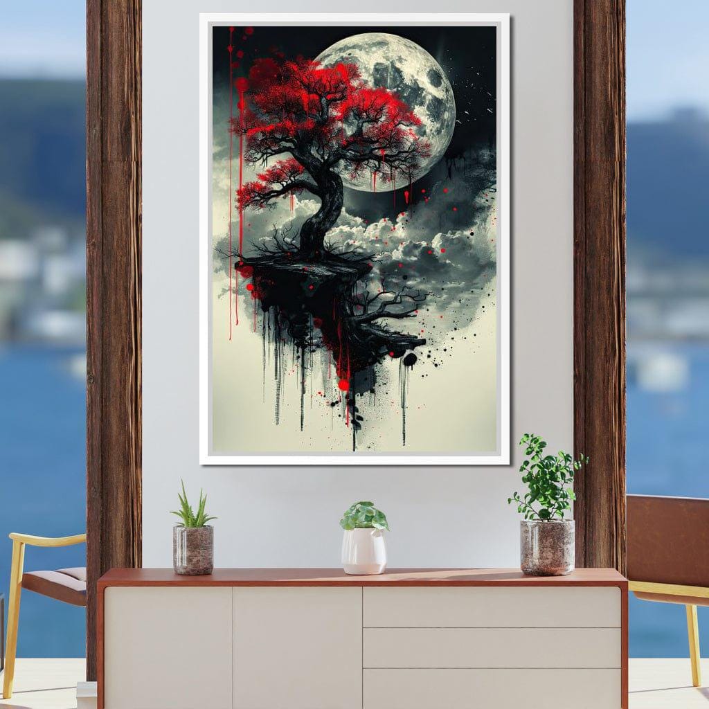 Lunar Blossom Drifts: Moon Wall Art, Japanese Decor, Red Tree