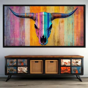 Radiant Longhorn Vibrance: Colorful Longhorn Skull Canvas | Vibrant Rustic Western Wall Art Decor | Unique Home Decor by NICHECANVAS