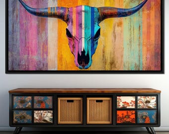Radiant Longhorn Vibrance: Colorful Longhorn Skull Canvas | Vibrant Rustic Western Wall Art Decor | Unique Home Decor by NICHECANVAS