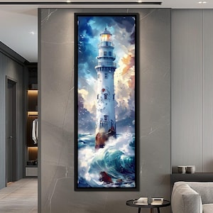 May include: A painting of a white lighthouse with a light on top, standing in the ocean with blue waves crashing around it. The sky is blue with white clouds and there are birds flying around the lighthouse.