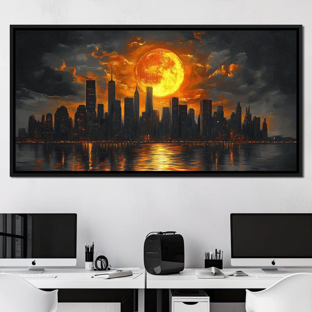 Golden Cityscape Nocturne: Modern Urban Skyline Art | Night Scene Home ...