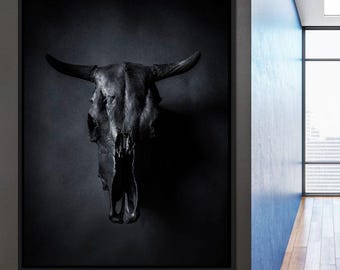 Black Bull Skull: Rustic Home Decor | Dark Aesthetic Art | Minimalist Wall Art | Contemporary Western Style Decor by NICHECANVAS