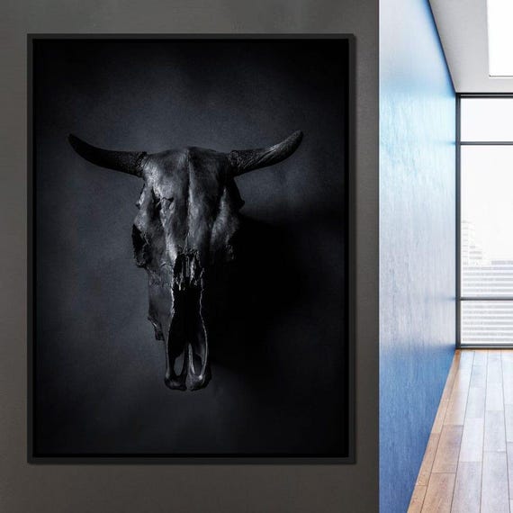 Black Bull Skull: Rustic Home Decor | Dark Aesthetic Art | Minimalist Wall Art | Contemporary Western Style Decor by NICHECANVAS
