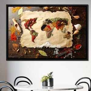 Mapa de especiarias do mundo: decoração culinária | Arte de parede de cozinha | Sabores globais | Especiarias coloridas | Decoração rústica para casa por NICHECANVAS