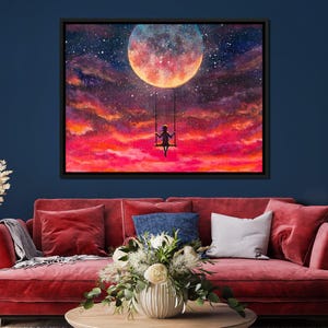 Mondschaukel: Fantasie Kunstwerk | Mädchen auf Schaukel | Bunter Himmel | Himmlische Dekor | Sternenklare Nacht Poster | Surreale Kunst von NICHECANVAS