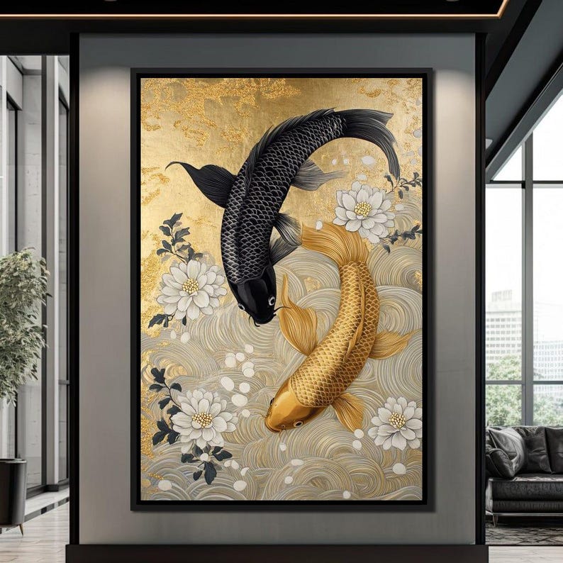 Koi Harmony With White Blossoms | Japanese Decor | Koi Fish Art | Gold ...