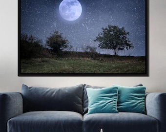 Hermosa luz de luna: arte mural de naturaleza, paisaje iluminado por la luna, fotografía del cielo nocturno, impresión artística de luna serena de NICHECANVAS