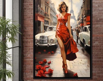May include: A woman in a red dress walks down a Parisian street with the Eiffel Tower in the background. Red roses are scattered on the ground.