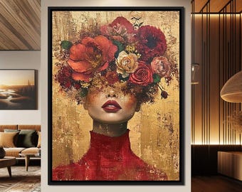 Blossom Crowned Silence: Feminine Floral Wall Art | Modern Rose Flower Portrait | Elegant Home Decor Canvas by NICHECANVAS