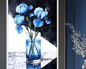 Iris Reflections in Glass: Blue Iris Print | Elegant Floral Home Decor | Modern Botanical Art | Black White Wall Art by NICHECANVAS