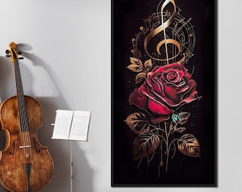 Red Rose & Musical Notes: Romantic Rose Artwork | Music Wall Art