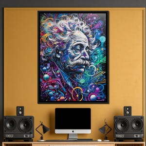May include: A colorful abstract portrait of Albert Einstein with a black frame. The background is a mix of blue, purple, green, and yellow colors with swirling lines and dots.
