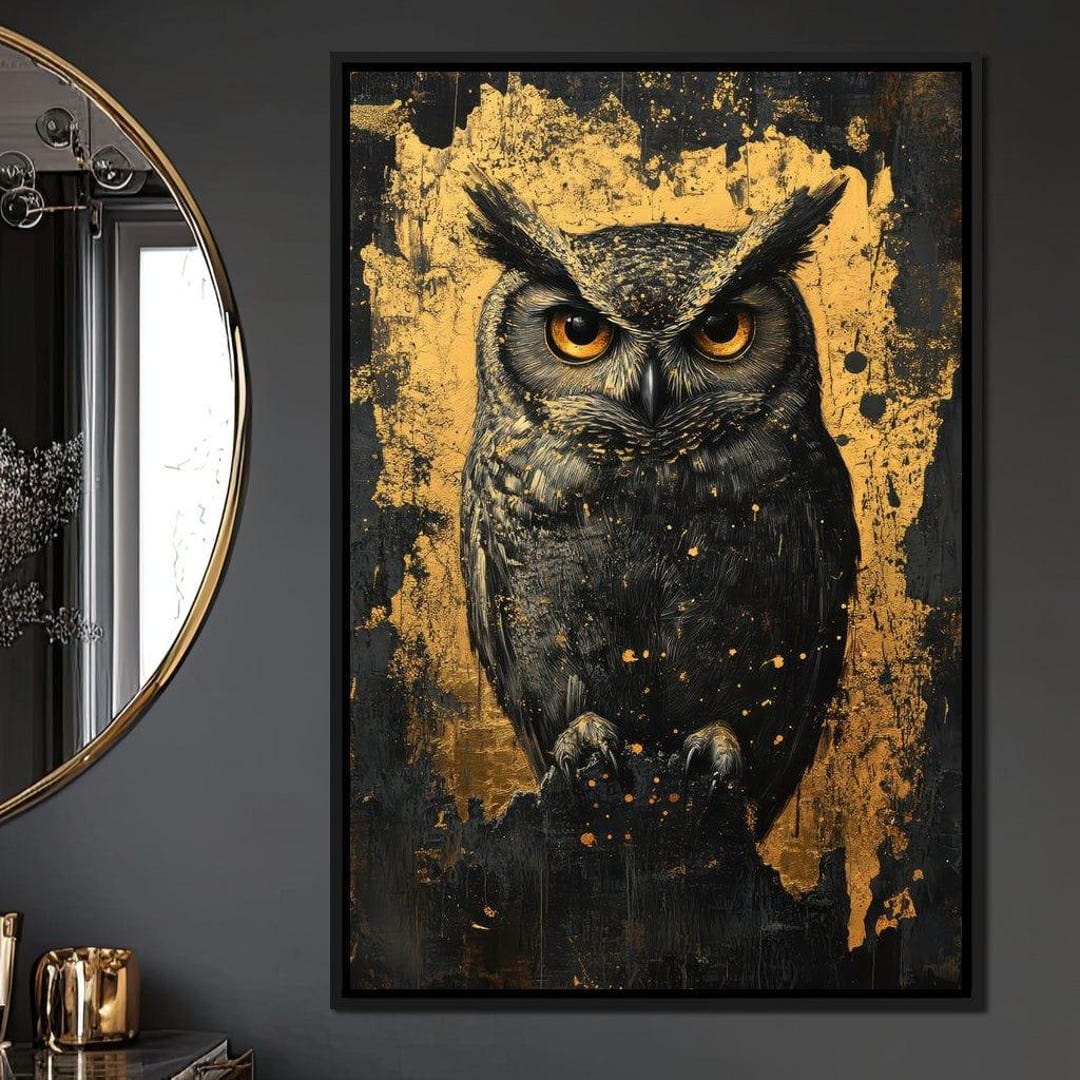 NECRO OWL25cm ラージサイズ 圧倒的存在感を放つダークゴシックアート Golden Nocturnal Owl: Majestic Wildlife | Black & Gold Owl Wall