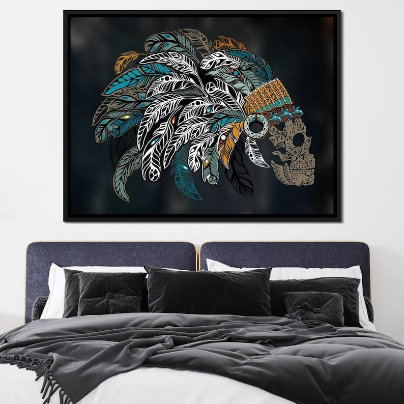 Ornamental Skull Tribal Decor Boho Wall Art Colorful Feather Design