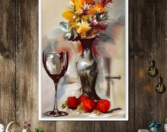 Abstract Wine & Flowers 02 | Vintage Floral Art | Botanical Painting | Colorful Flowers | Wine Lover Decor by NICHECANVAS