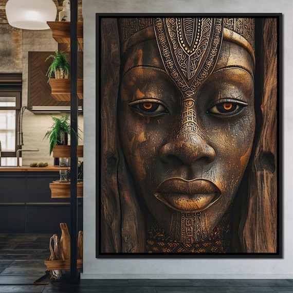 Ancient Golden Wisdom | African Mask Wall Art | Tribal Ethnic Decor | Traditional Wooden Sculpture | Cultural Heritage by NICHECANVAS