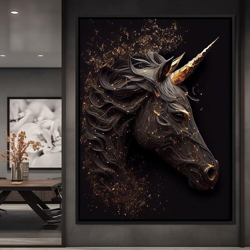 Black Unicorn - Alicia Smith | Mystical Home Decor | Fantasy Art | Elegant Wall Decor | Unique Animal Portrait | Modern Art by NICHECANVAS