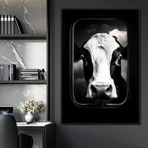 Majestic Bovine Portrait Sky: Black White Cow Wall Art Rustic