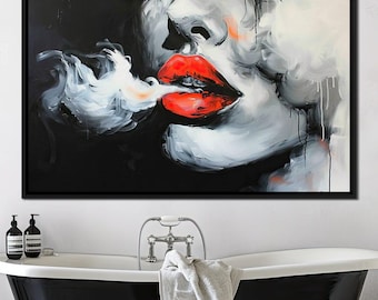 May include: A black and white painting of a woman's face with red lips. The woman is blowing smoke from her mouth. The painting is done in a painterly style with visible brushstrokes.