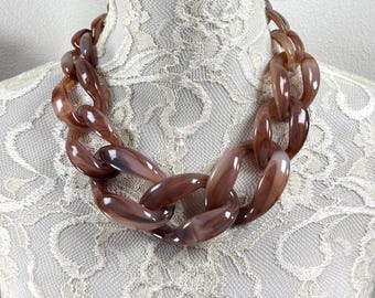 Brown Marbled Link Necklace - Chunky Statement Jewelry