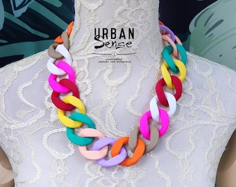 Colorful Matte Chunky Chain Link Statement Necklace, Summer necklace Choker, Bib Necklace,  Gift For her