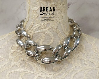 Silver Chunky Cuban Link Choker Necklace, Chunky Silver Chain Link Necklace, Large Link Chain Necklace,