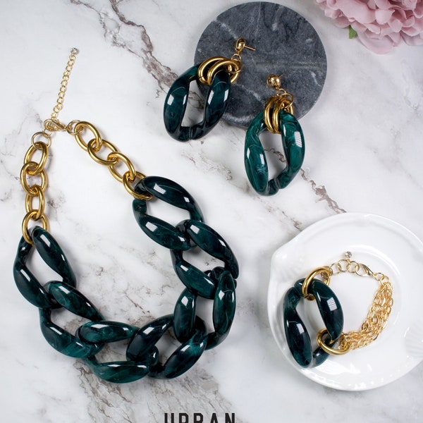 Green Tortoise Gold-tone Statement Chunky Chain Jewellery Set, Big Statement Earrings, Chunky Gold Chain Bracelet, Trendy Vintage Jewelry,