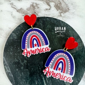 Red White and Blue Acrylic Dangle Earrings: 4th of July Patriotic Heart