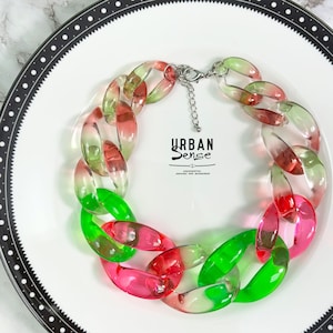 Neon Chunky Link Statement Necklace: Transparent Acrylic Bib Necklace