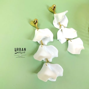 White Petal Flower Earrings, Statement Earrings, Long Earrings, Flower Petal Earrings, Elegant Floral Dangle Earring, Gift For Her