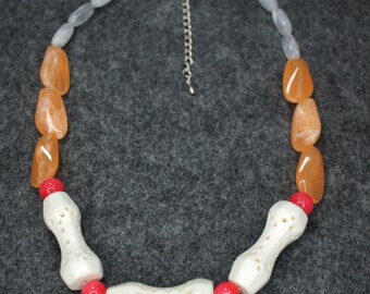 White And Orange Geometric Beads  Statement Necklace