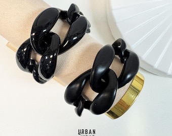 Stoere dikke zwarte harsarmband, glanzende en matte statement schakelarmband, op maat gemaakte sieraden