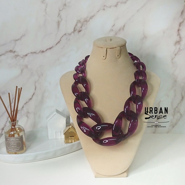 Plum Purple Transparent Chunky Link Oversize Necklace, Purple Necklace, Statement Necklace,Bib Necklace,Chunky necklace,Bridesmaids Necklace