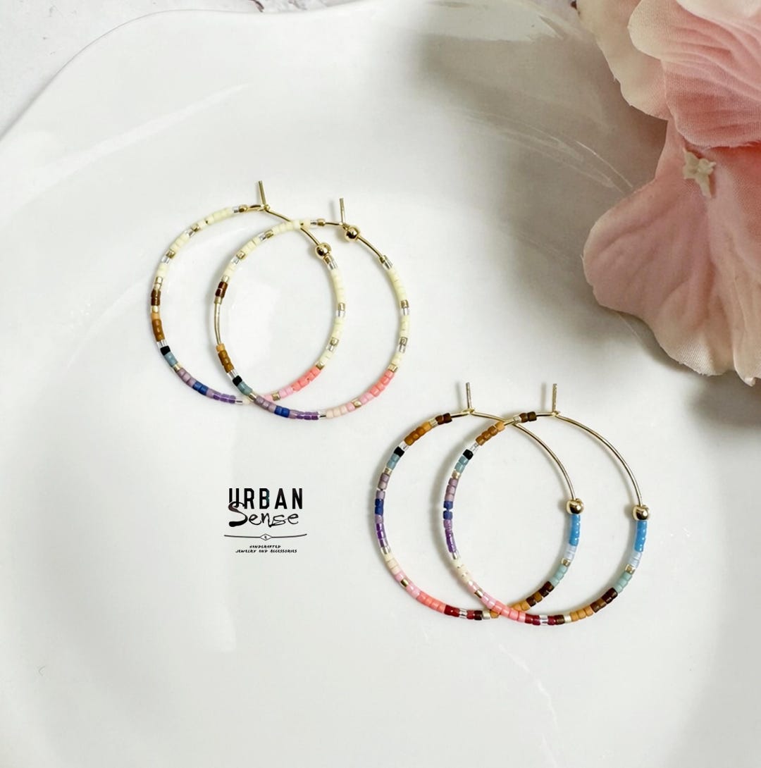 Colorful Seed Bead Hoops, 18K Gold Filled Beaded Hoop Earrings, Boho ...