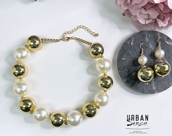 Faux Pearl & Gold Ball Necklace Set, Bold Statement Jewelry