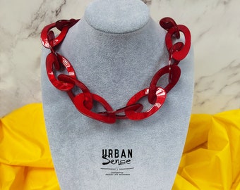 Red Chunky Statement Link Necklace, Large Chunky  necklace, Big Bold  Statement Necklace, Bib Necklace, Bohemian,  Gift for you