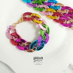 Colorful Curb Link Statement Bracelet - Bold Chunky Chain (7")
