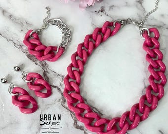 Chunky Hot Pink Acrylic Chain Jewelry Set, Statement Necklace