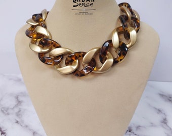 Matte Gold Leopard Chain Necklace, Chunky Resin Tortoise Shell