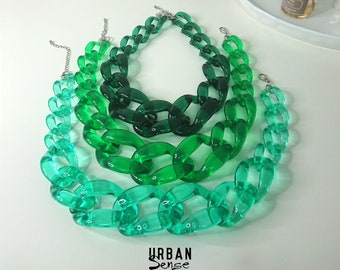Green Transparent Chunky Link Necklace: Acrylic Statement Bib