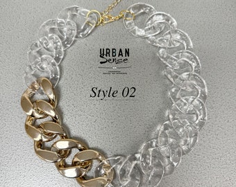 Collier tendance or et acrylique transparent à gros maillons, collier plastron, collier d'été, collier de fête, cadeau pour elle