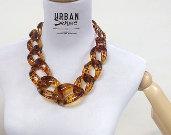 Tortoise Chunky Link Chain Necklace: Acrylic Statement Bib Necklace