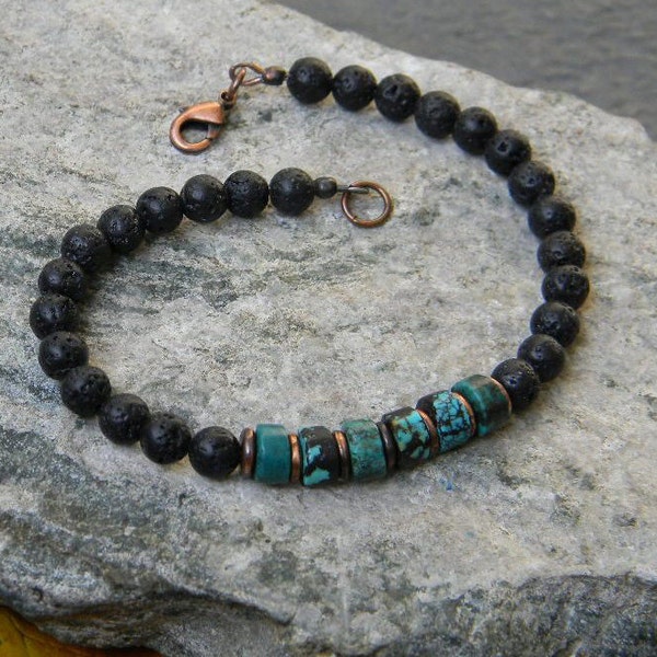 Turquoise Bracelet, Mens Rustic Bracelet, Lava Bracelet, Bracelet for Men, Natural Turquoise Jewelry, Oil Diffuser Bracelet, Unisex Bracelet