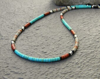 Natural Turquoise Necklace, Native American Jewelry, Kingman Turquoise, Mens Beaded Choker Necklace, Womens Necklace, Southwestern Necklace