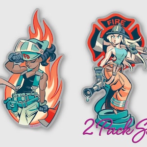 Working Women- Set of 2 BIG Brushed Aluminum Stickers (Firefighters)