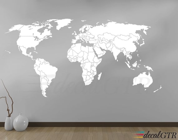 world map wall decal countries borders outlines white matt | etsy