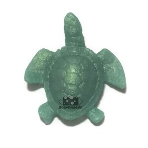 May include: A green sea turtle soap embed with a textured surface. The soap embed is shaped like a turtle with a raised shell and head.