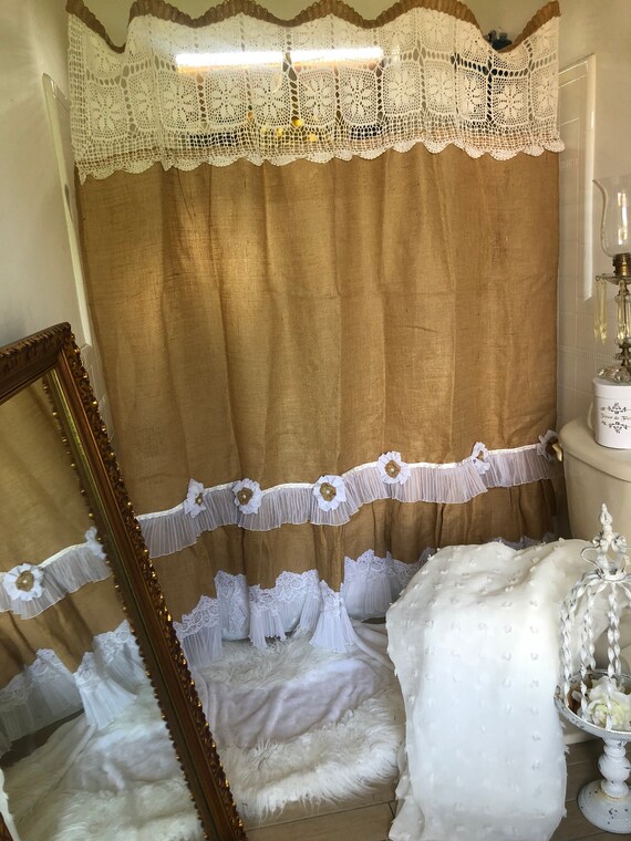 Custom French Shabby Rustic Chic Burlap Shower Curtain Valance Etsy